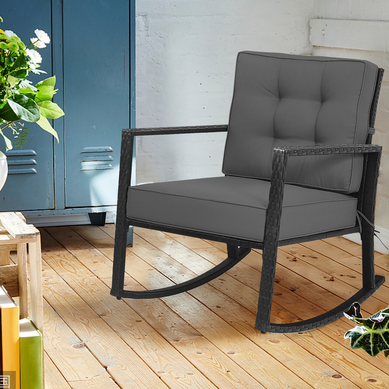 Costway Patio Rattan Rocker Chair Outdoor Glider Rocking Chair Cushion Lawn Navy\Black\Grey